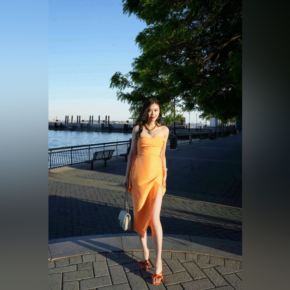 Rachel Gilbert Marco One Shoulder Orange Back Bow Midi Dress AU0/US2 NWT